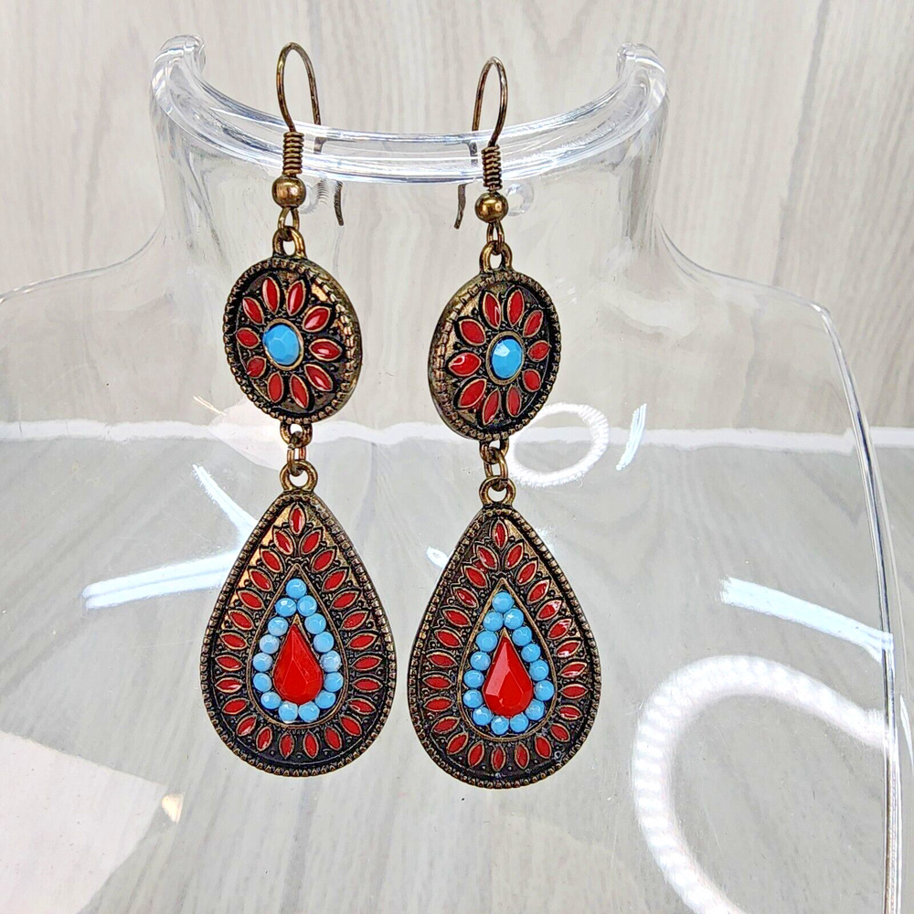 Southwestern Aztec Earrings Red Blue Beaded Teardrop 2" Boho Dangle Drop